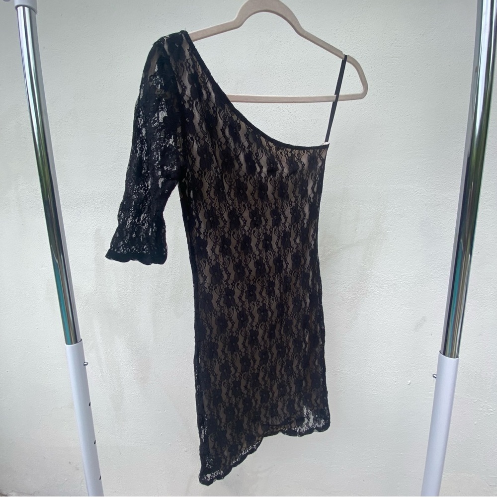 Y2K Black Lace One Shoulder Mini Dress Size Small
